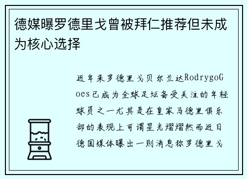 德媒曝罗德里戈曾被拜仁推荐但未成为核心选择 德媒曝罗德里戈曾被拜仁推荐但未成为核心选择