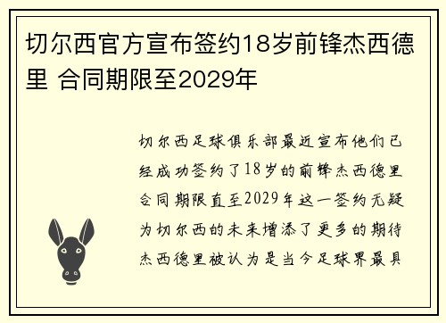 切尔西官方宣布签约18岁前锋杰西德里 合同期限至2029年 切尔西官方宣布签约18岁前锋杰西德里 合同期限至2029年