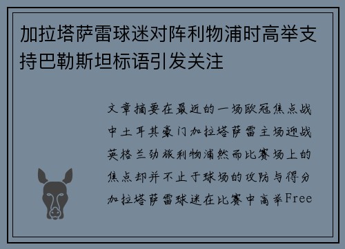加拉塔萨雷球迷对阵利物浦时高举支持巴勒斯坦标语引发关注